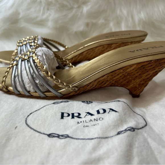 Prada Gold and Silver Leather Woven Wedge Wrapped Slip 🩶💛 - Picture 5 of 7